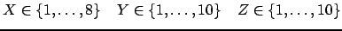 $ X \in \ensuremath{\{1,\dots,8\}} \hspace{4mm} Y \in \ensuremath{\{1,\dots,10\}} \hspace{4mm} Z \in \ensuremath{\{1,\dots,10\}} $