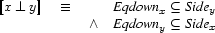 \ENC{x\DJ y}\quad\equiv\quad
\begin{array}[t]{@{}cl}
&\EQDOWNV{x}\subseteq\SIDEV{y}\\
\wedge&\EQDOWNV{y}\subseteq\SIDEV{x}
\end{array}