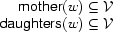 \begin{array}{r}
\Feature{mother}(w)\subseteq\VV\\
\Feature{daughters}(w)\subseteq\VV
\end{array}